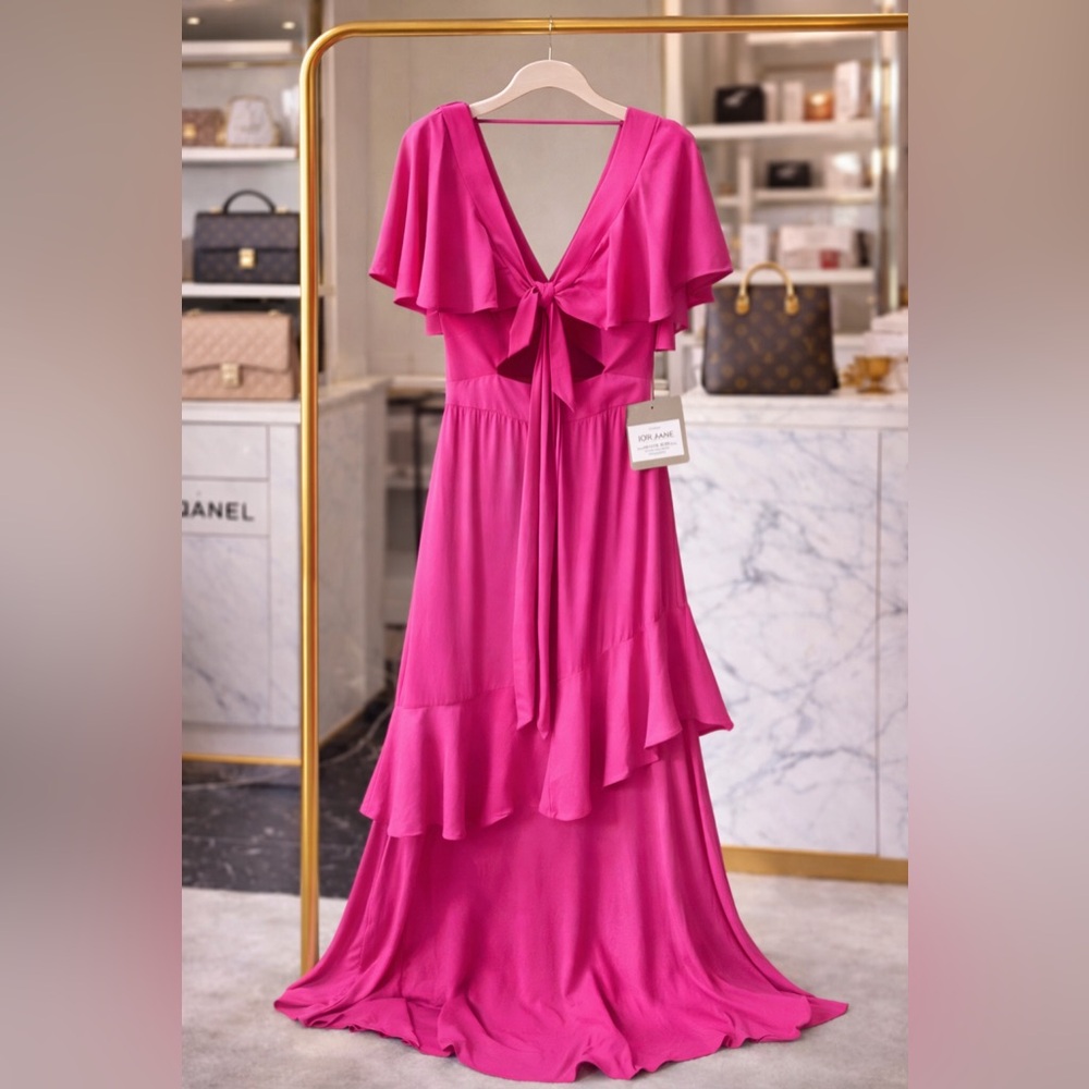 Iorane Pink Maxi Dress Open Front Tie Cutout Ruffle Hem NWT $589 Size M - Picture 2 of 6
